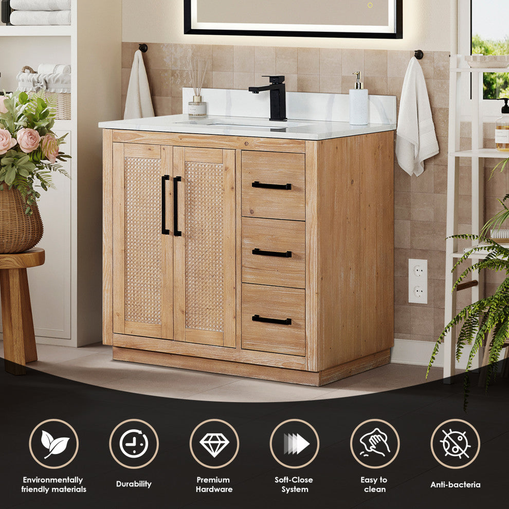 Floral Vanity, Calacatta White Quartz Countertop, Light Brown, 36", No Mirror