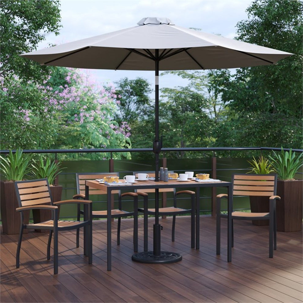 Lark 7 Pc Patio Dining Set-4 Stackable Chairs, 30"x48" Table & Umbrella w/Base,