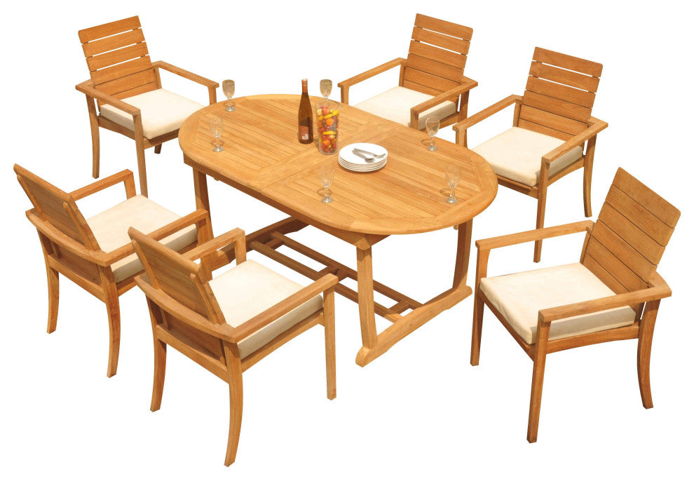 7-Piece Outdoor Teak Dining Set: 94" Masc Oval Table, 6 Alps Stacking Arm Chairs