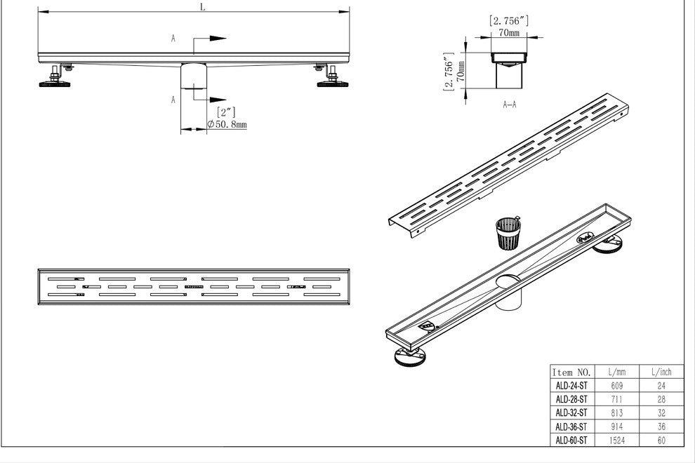 Shower Linear Drain 32" Stripe Pattern Grate, Brushed Finish