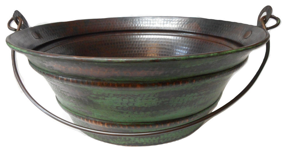 15" Round Copper Vessel BUCKET Sink with Green Distressed Exterior