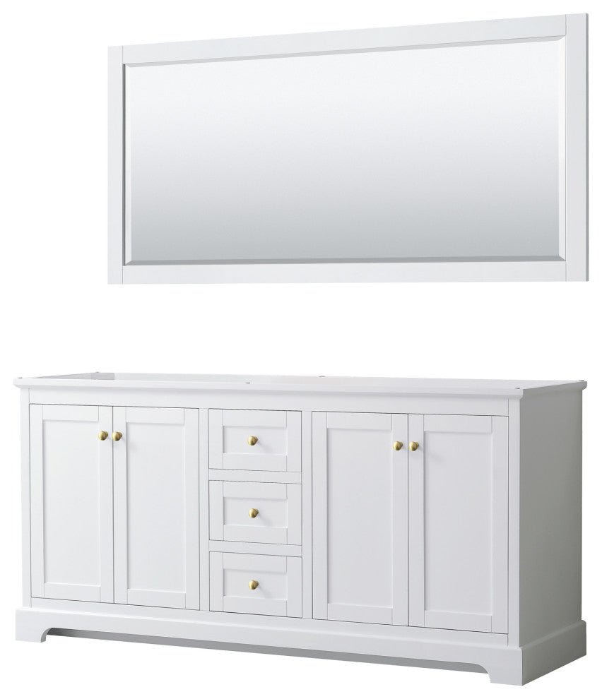 72" Double Bath Vanity, White, No Countertop, 70" Mirror, Gold Trim
