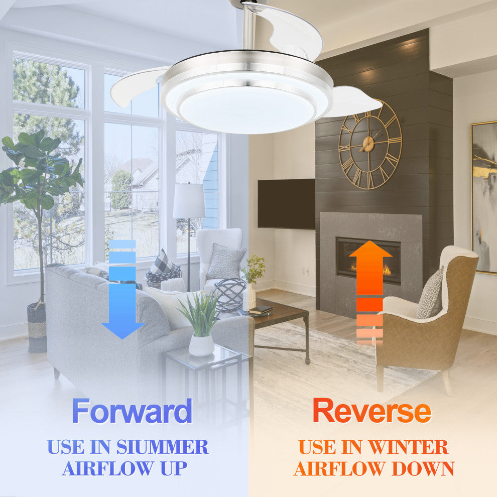36" Modern Retractable Ceiling Fan Reversible With Remote Control and Light, 36inch
