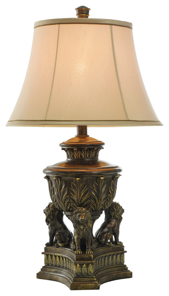 Persian Style Lions Den Table Lamp in Majestic Gold and Round Bell Shade