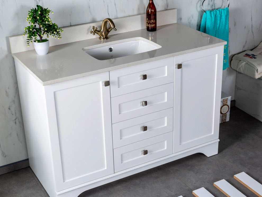 Livia Collection 48" Bath Vanity Quartz Top and Ceramic Sink, White, 48"