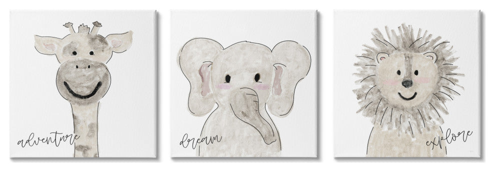 Cute Cartoon Animals Illustration Adventure Dream Explore Quote, 3pc, each 17x17