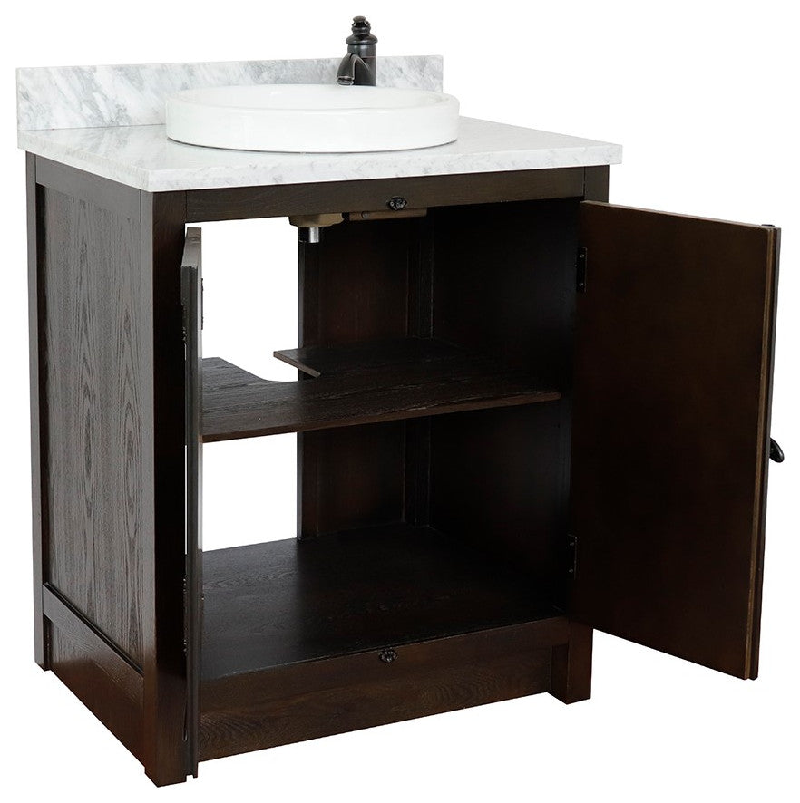 30" Single Vanity, Brown Ash, White Carrara Top, Round Sink