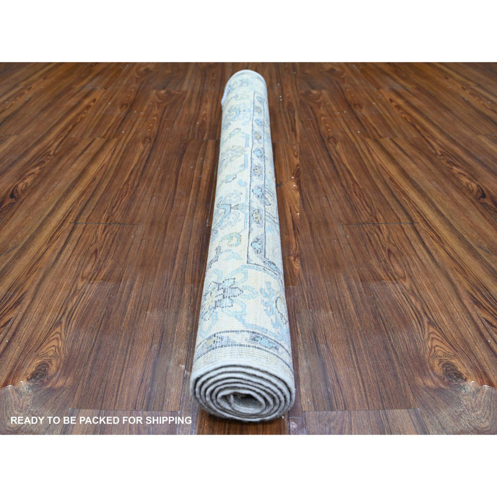 Gray Washed Out Peshawar With Motifs Soft Wool Hand Knotted Rug 3'11"x5'9"