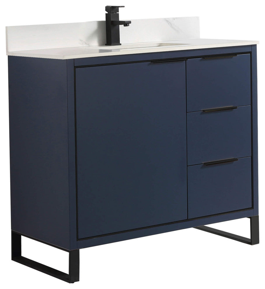 Opulence Bath Vanity, Navy Blue, 36", Black Hardware, White Carrara Top