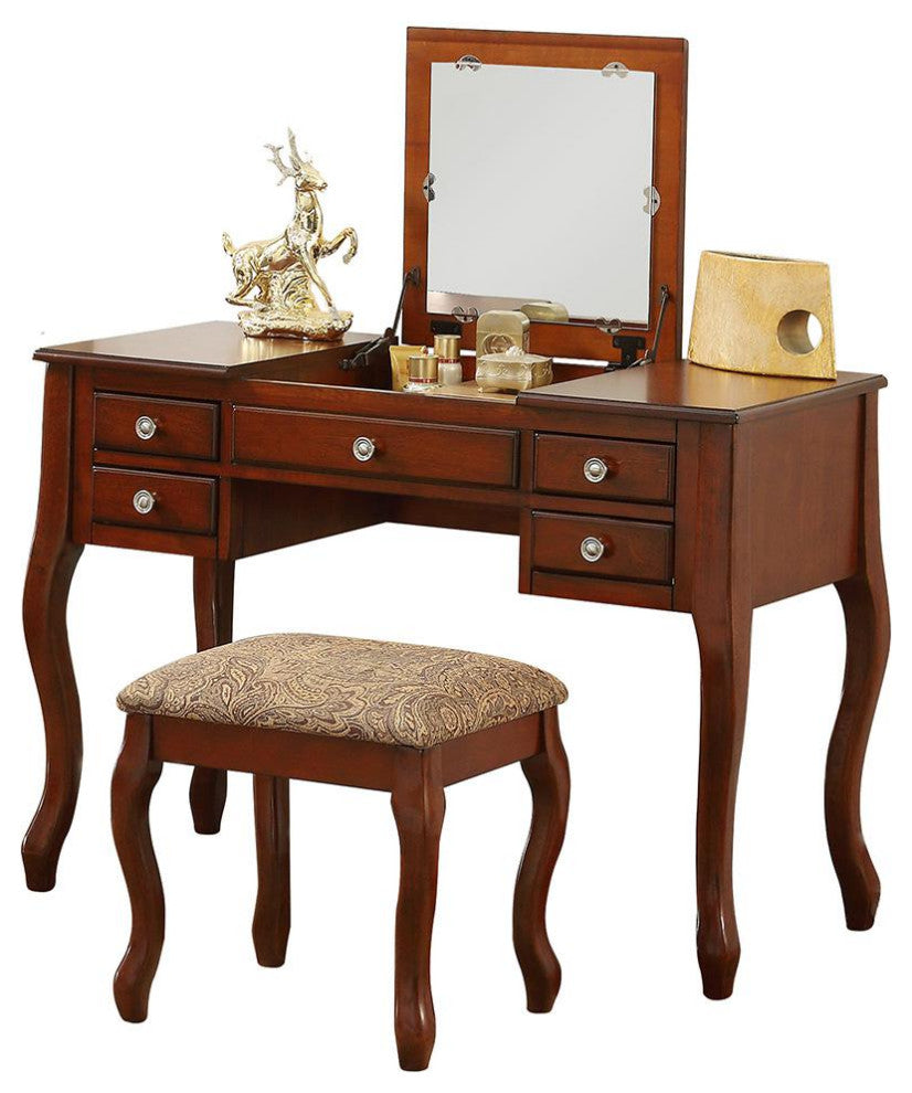 Poundex Wooden Makeup Vanity Set Desk, Mirror And Stool - Cherry, 43 W X...