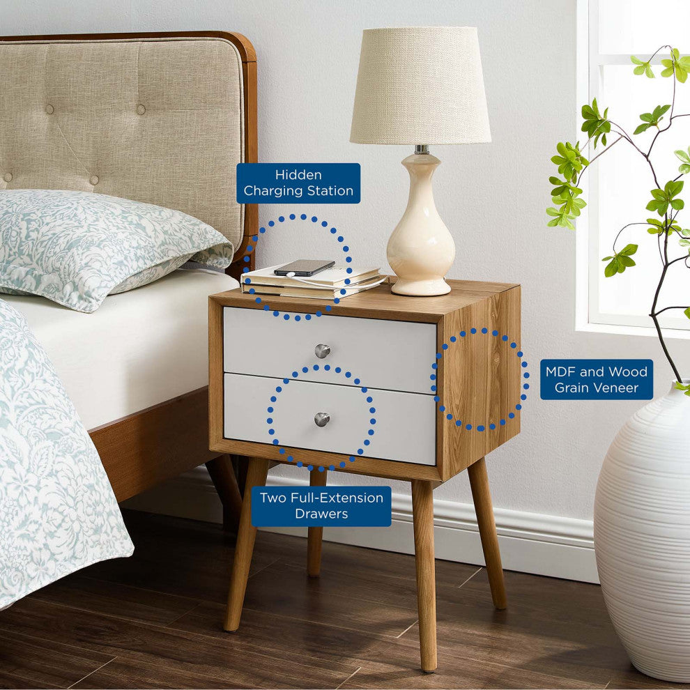 Nightstand Side End Table With USB, Wood, Brown Natural White, Modern