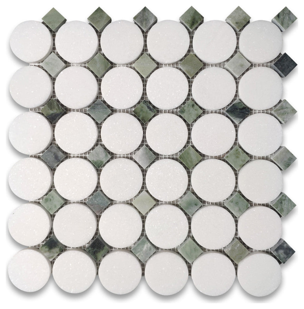 Thassos White Marble Round Mosaic Tile Sagano Vibrant Green Dots Honed, 1 sheet