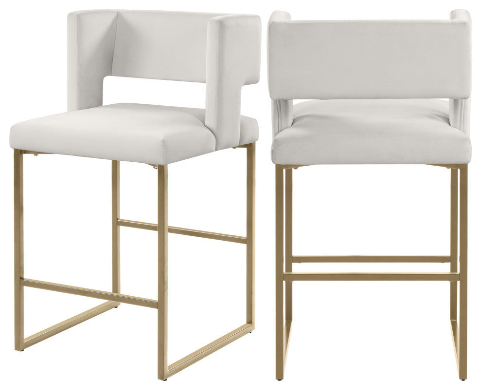 Caleb Upholstered Counter Stool, Set of 2, Cream, Velvet, Brushed Gold