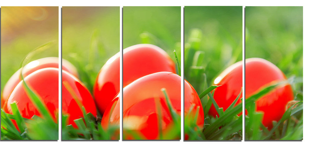 "Red Easter Eggs in Green Grass" Landscape Canvas Photo Print, 5 Panels, 60"x28"