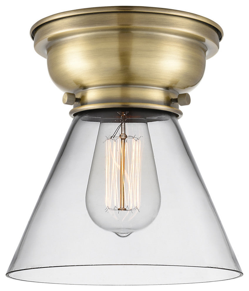 Large Cone 1-Light Flush Mount, Antique Brass, Clear