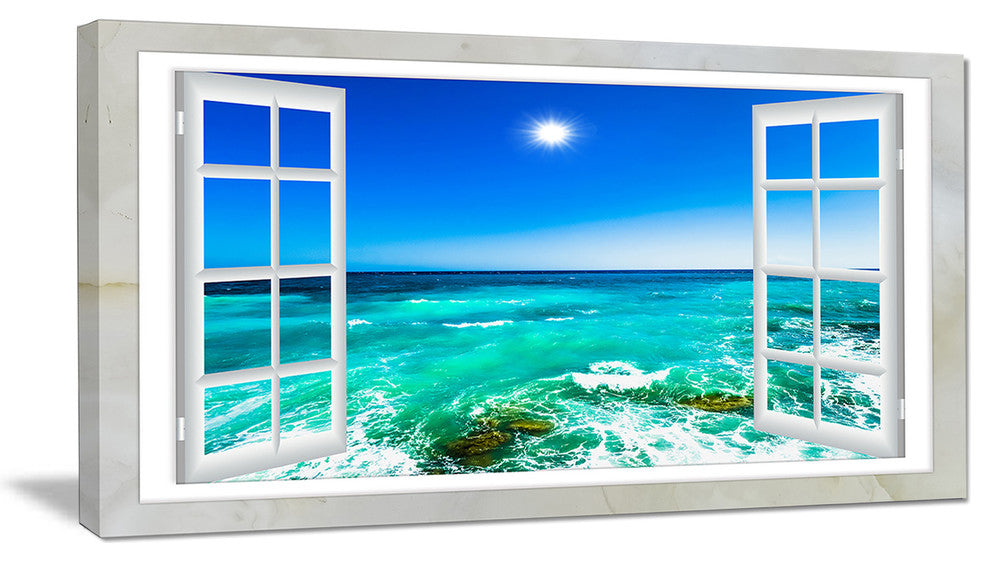 "Open Window To Wavy Ocean" Seashore Canvas Art, 40"x20"