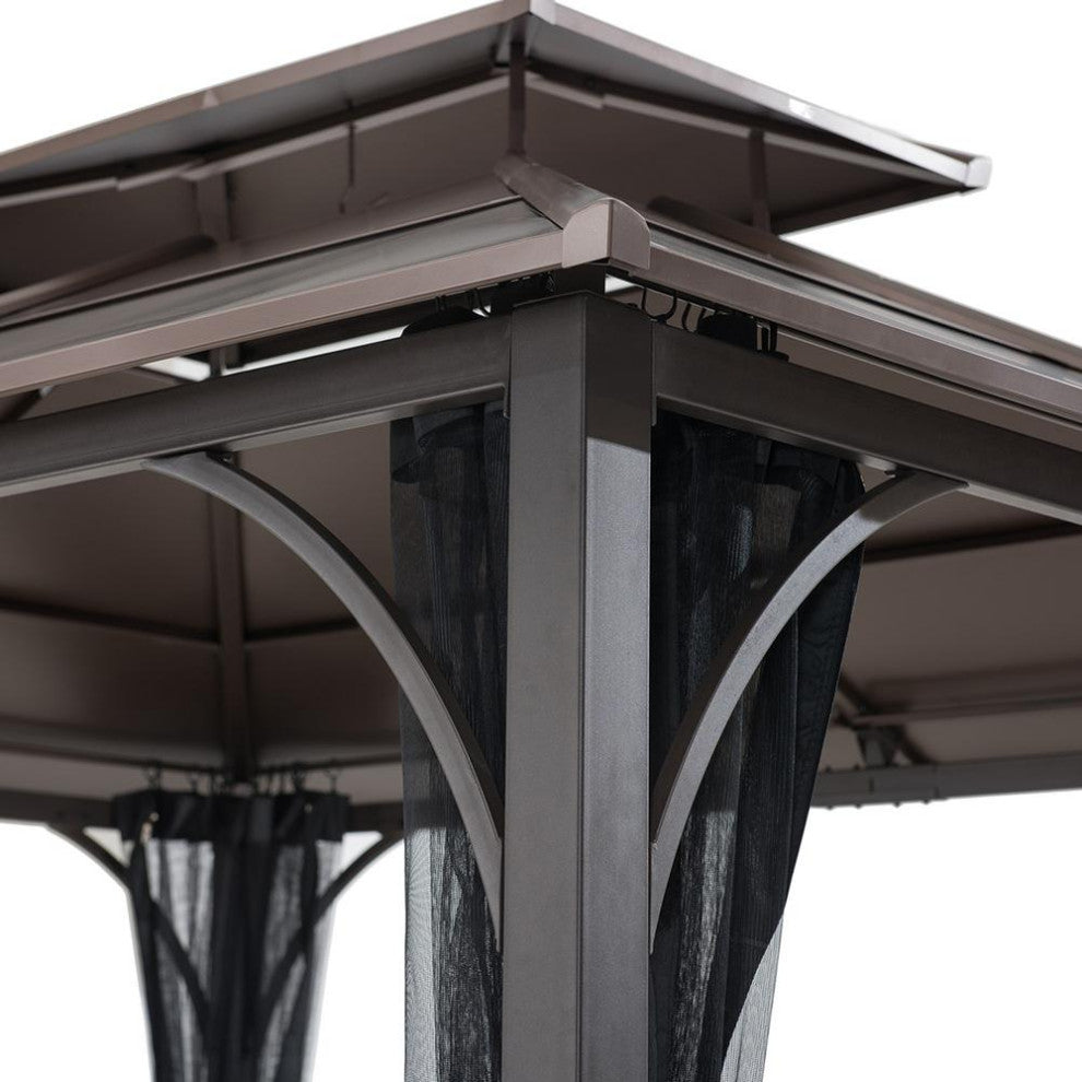 Sunjoy 10 ft. x 12 ft. Black and Brown Steel Gazebo with 2-tier Hip Roof...
