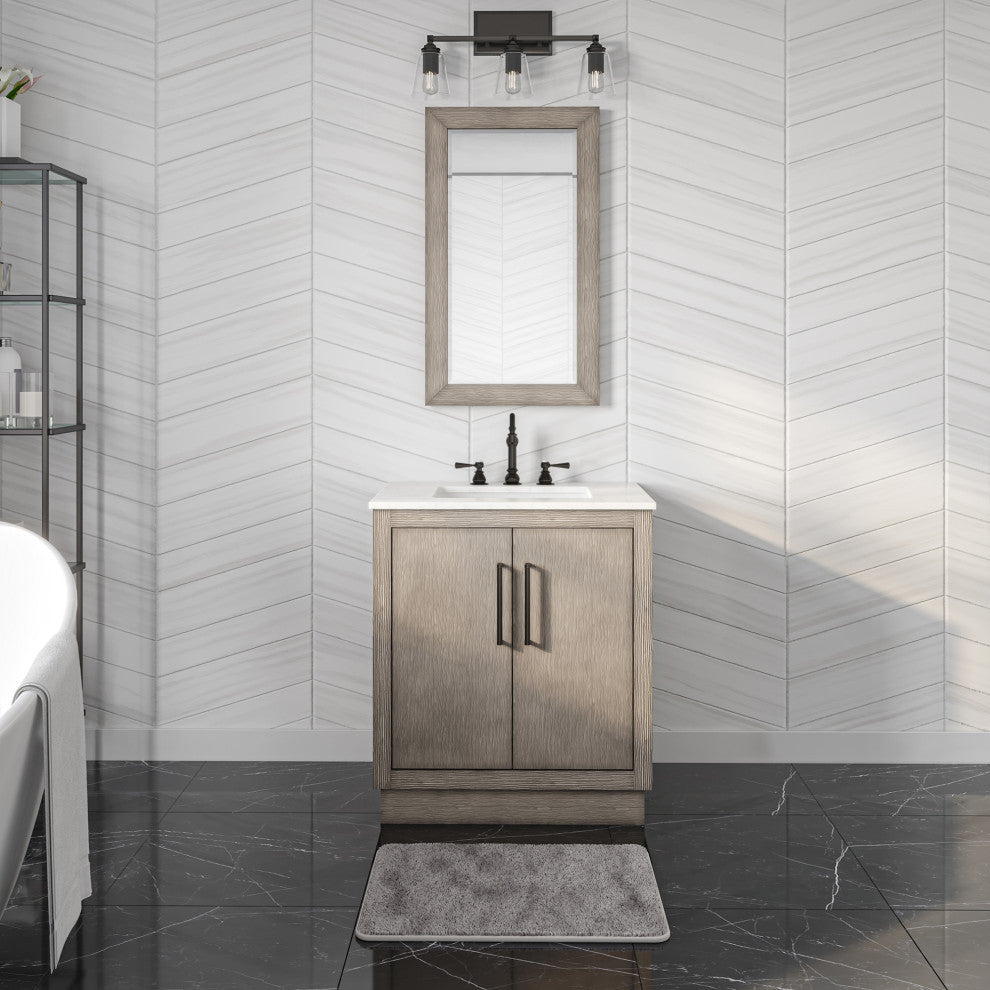 Hugo Carrara White Marble Countertop Bathroom Vanity in Grey Oak, Bronze Handle, 30", Vanity With Hook Faucet