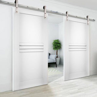 Double Barn Doors / Mela 7444 White Silk / Silver 13FT Rail, 64" X 96" ( 2* 32x96)