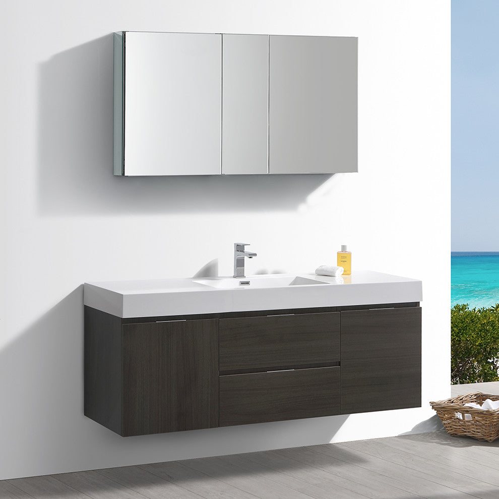 Valencia 60" Gray Oak Wall Hung Bathroom Vanity Set, Cabinet, Faucet FFT3071CH