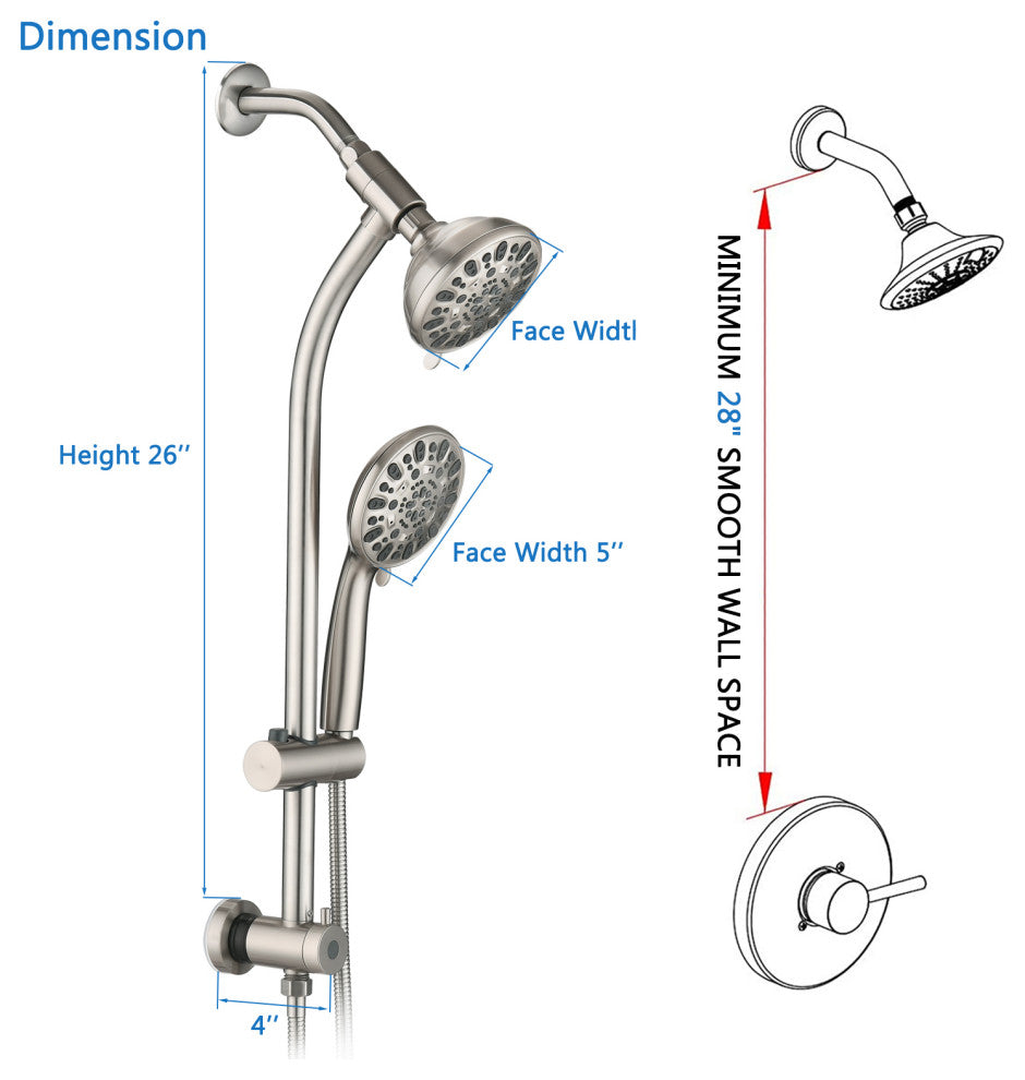 7 Spray Patterns Dual Shower Head with Slide Bar, Brushed Nickel