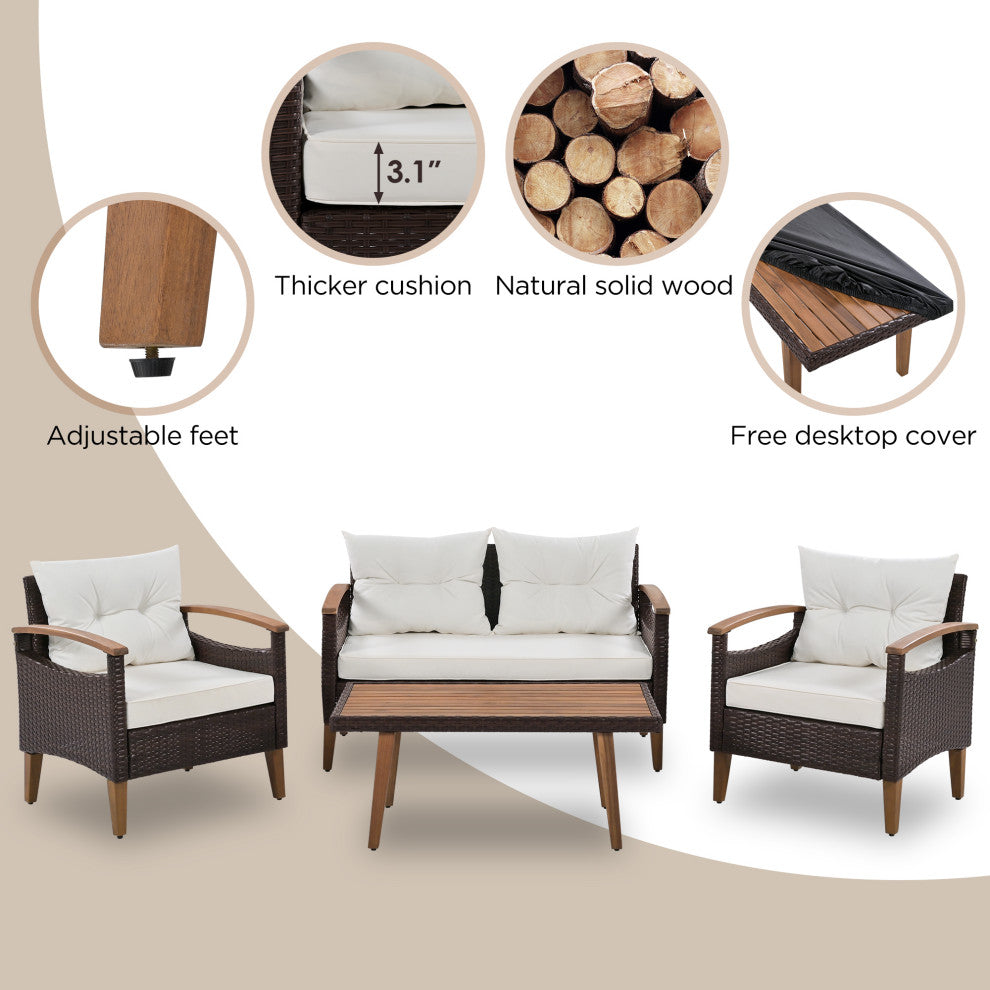 4-Piece Outdoor Wicker Patio Sofa Set with Wood Table and Removable Cushions, Beige