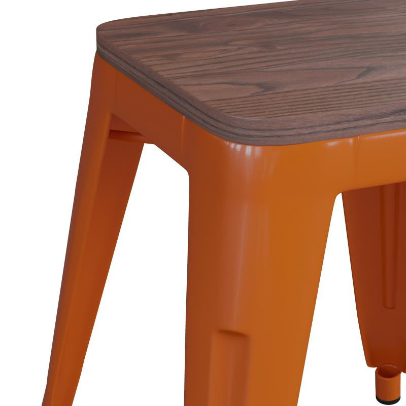 Kai Commercial Grade 18" Barstool with Wooden Seat, Stackable, Set of 4, Orange