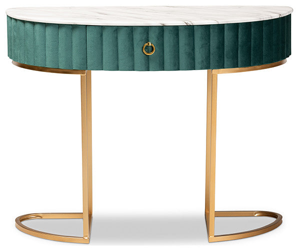 Green Velvet and Brushed Gold 1-Drawer Console Table with Faux Marble Tabletop