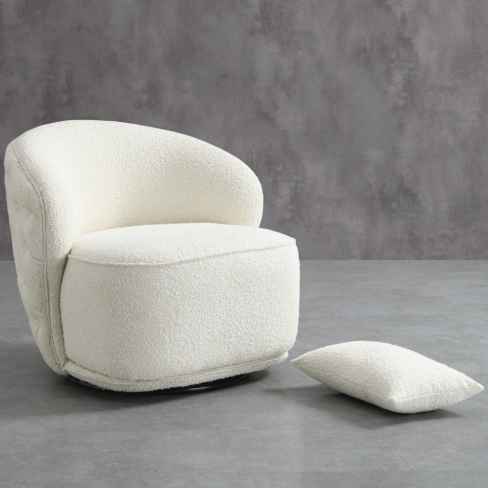 Upholstered Tufted Boucle Swivel Barrel Chair, Ivory, 30'''' H X 33'''' W X 30'''' D
