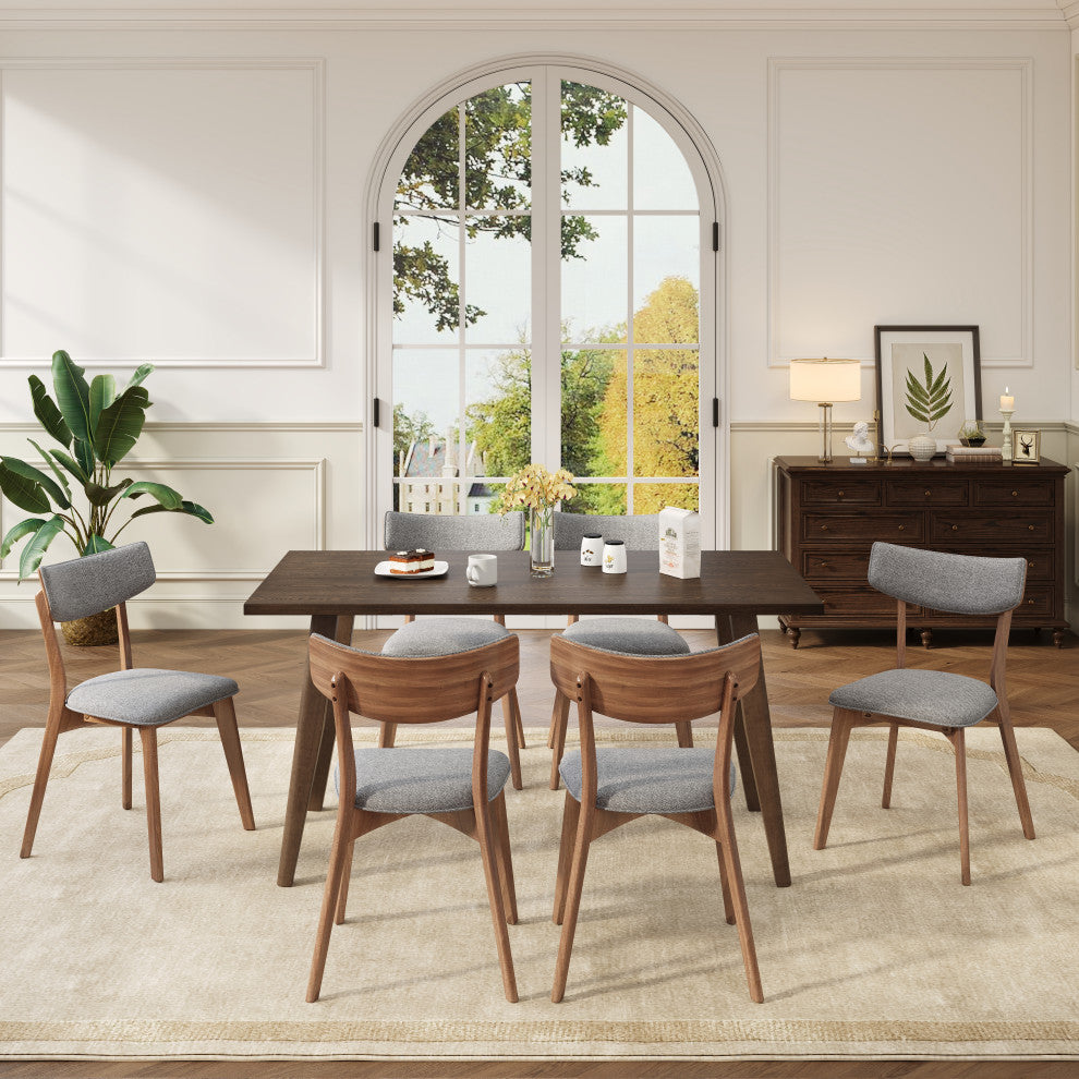 GDF Studio 7-Piece Mid-Century Dining Set, 6 Chairs, Dark Gray/Walnut/Brown