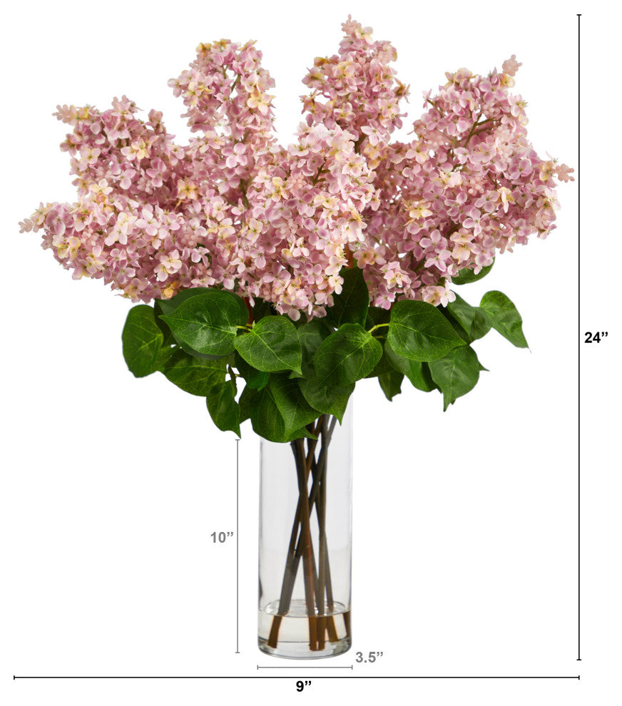 24in. Artificial Lilac Arrangement with Cylinder Glass Vase