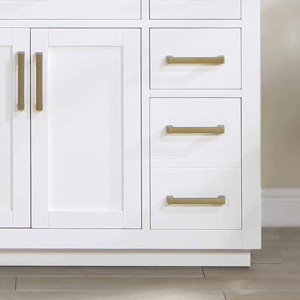 Gavino Vanity With Grain White Composite Stone Top, White/Brushed Gold, 48", With Mirror