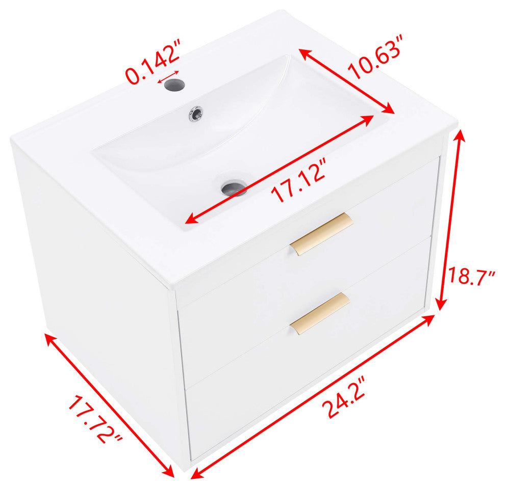 24" MDF Wall Mounted Bath Vanity, Integrated Ceramic Sink, White