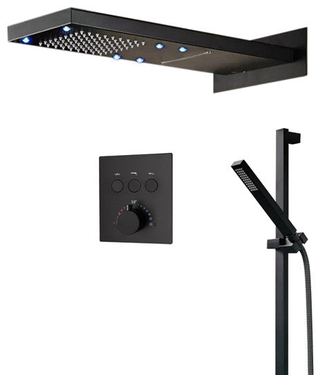 Chieti 22" Wall Mount Matte Black Rainfall Shower System, Handheld, LED