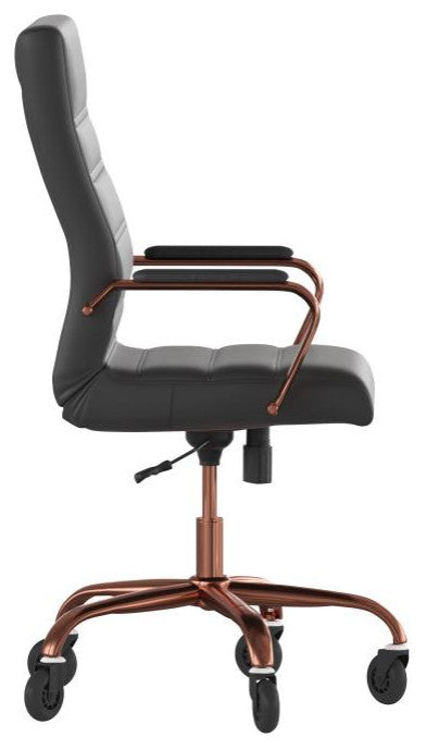 Whitney High Back Executive Swivel Office Chair with Black Frame & Arms, Black Leathersoft/Rose Gold Frame