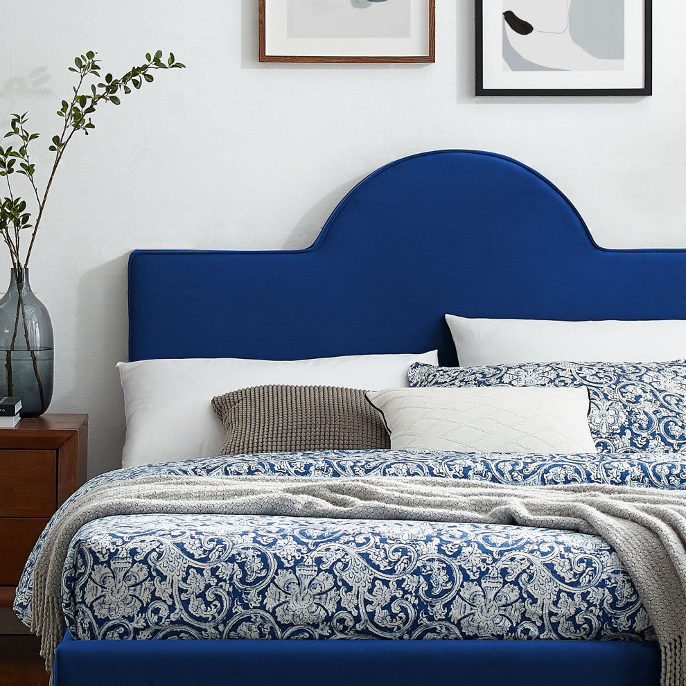 Platform Bed Frame, King Size, Blue Navy, Velvet, Modern, Bedroom Guest Suite