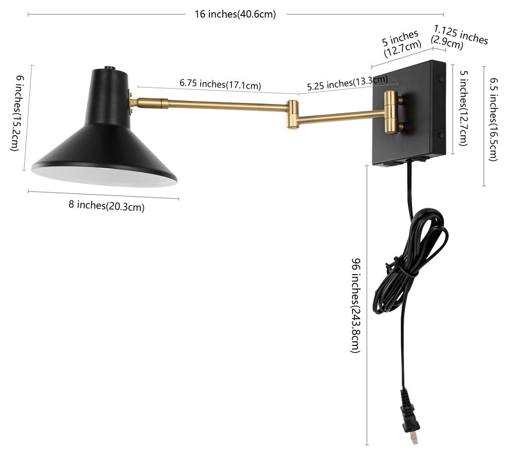 Hygge Swing Arm 1-Light Modern Midcentury Iron USB Charging Port LED Sconce, Bla