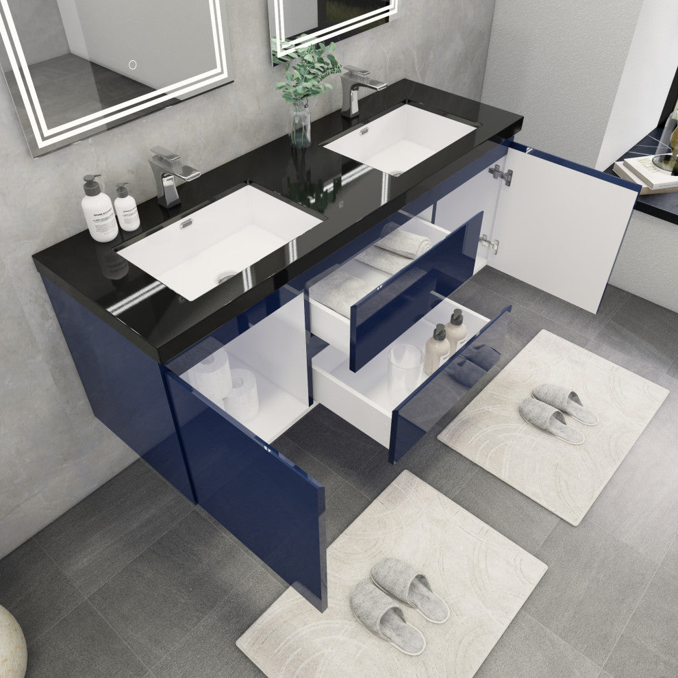 Belli 60" Double Sink Wall Mount Vanity Set, High Gloss Blue, Matt Black Top