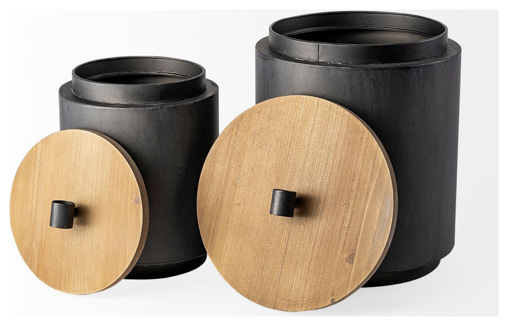 Set of Two Gray Metal Cannisters With Wooden Lids