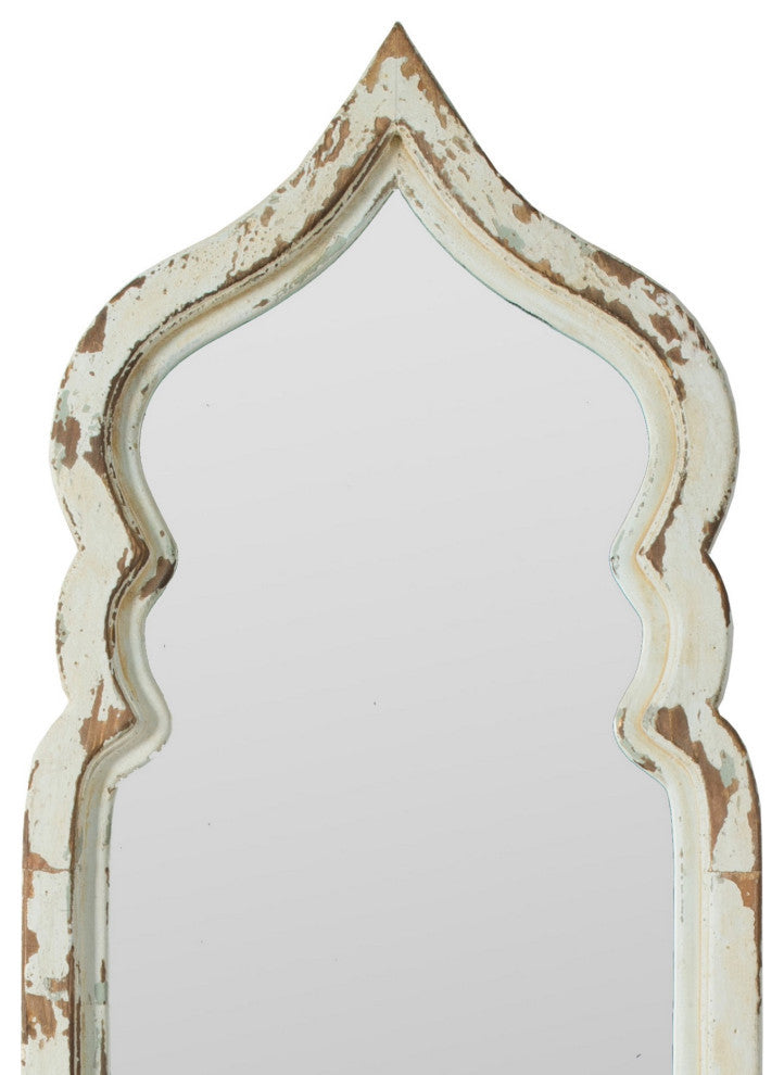 73 Inch Floor Mirror with Ornate Sculpted Top, Fir Wood, Weathered White