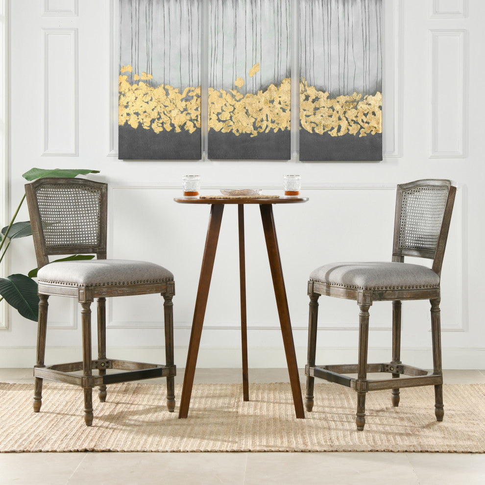 Triomphe 26.5" Oak Rattan Wicker Counter Stool, Heathered Gray Linen