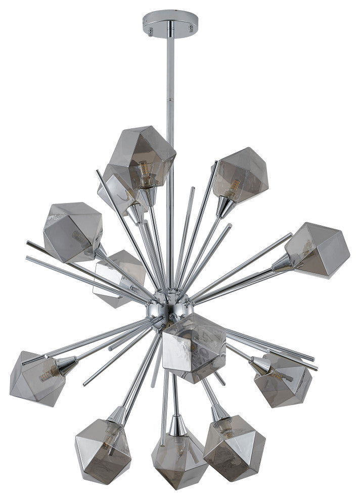 12-Light 33" Gold Metal Chandelier With Smoke Glass Shades, Chrome