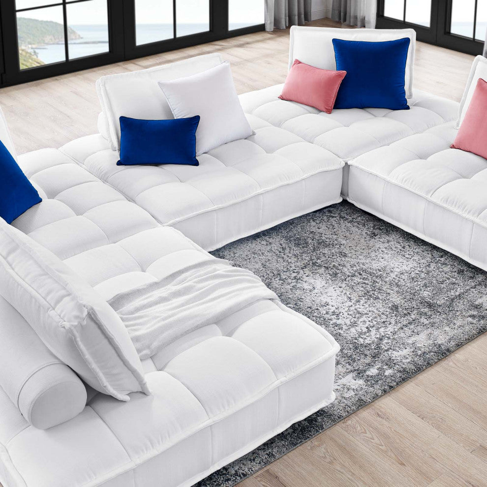 Modular Deep Tufted Sectional Sofa Set, White, Fabric, Modern, Cafe Hospitality
