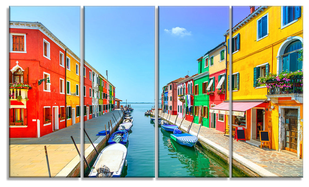 Colorful Burano Island Canal Venice, Landscape Canvas Art, 48"x28", 4 Panels