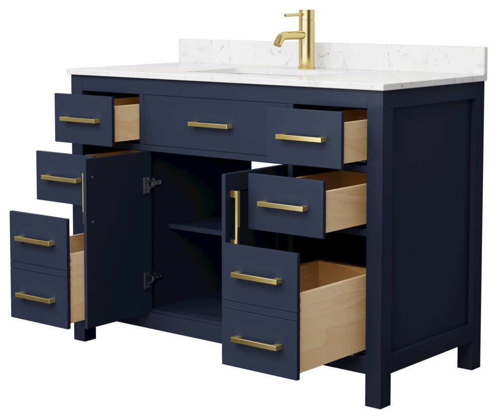 48"SGL Vanity Dark Blue, Carrara Cult. Marble Countertop, Sink, Gold Trim