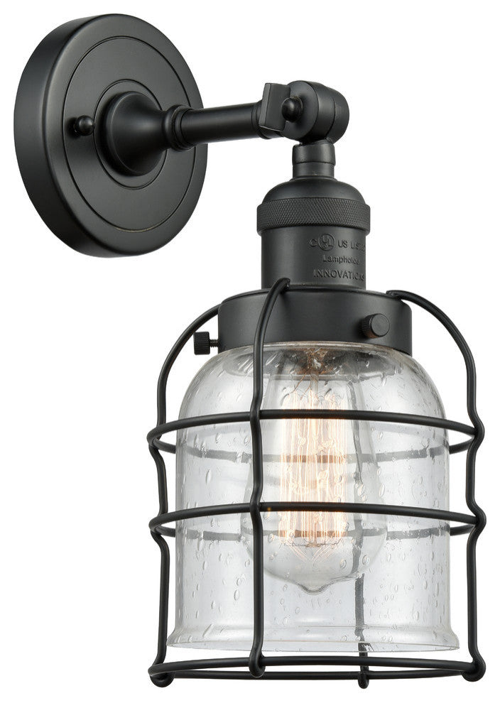 1-Light Small Bell Cage 8" Sconce, Matte Black, Glass: Seedy
