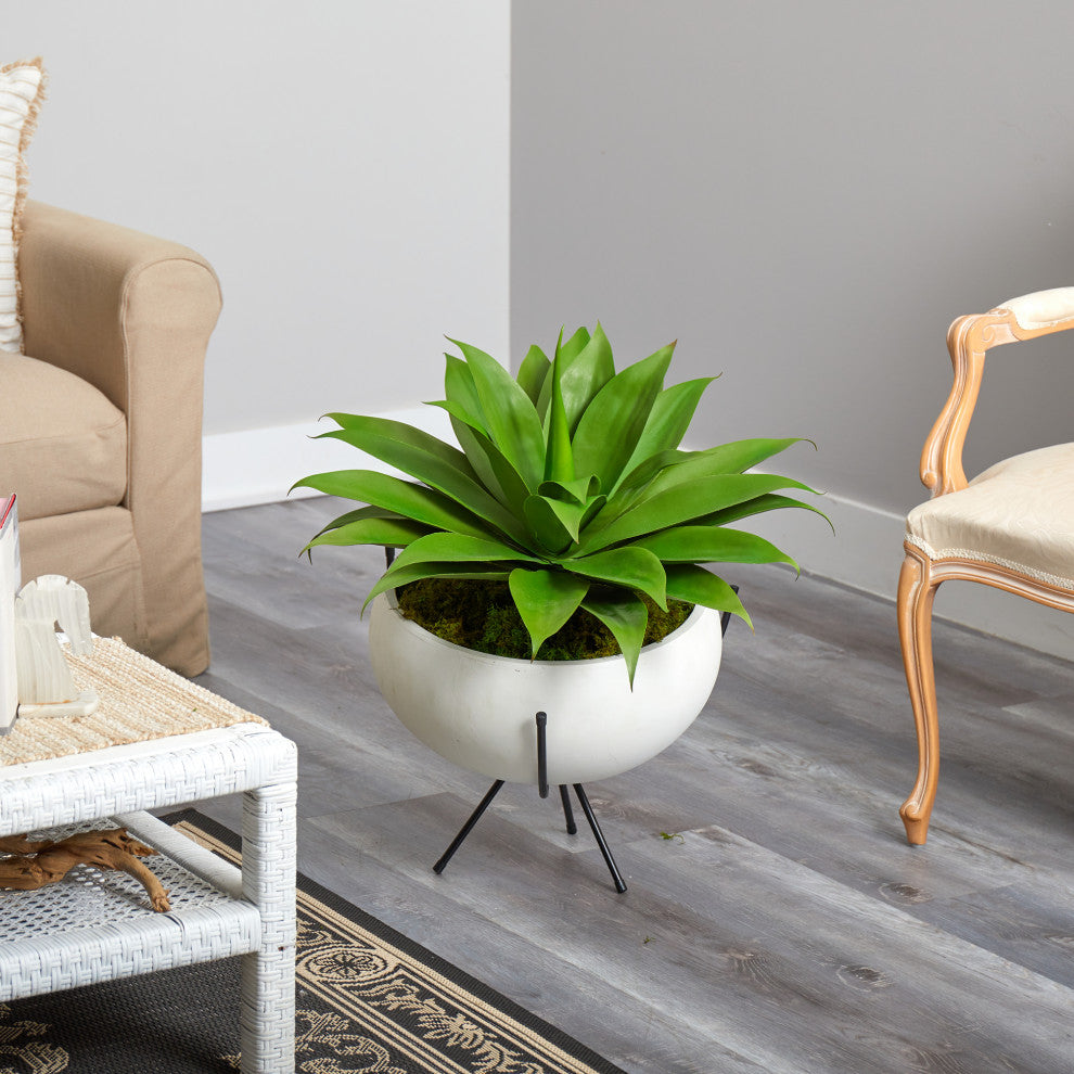 30" Agave Succulent Artificial Plant, White Planter With Metal Stand