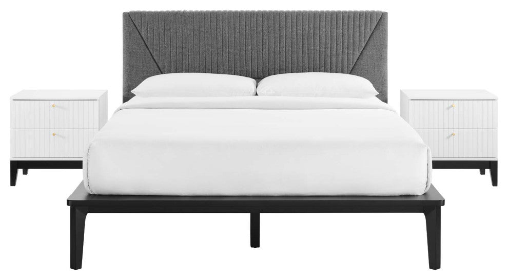 Platform Bed Nightstand Set, Queen Size, White, Wood, Modern, Mid Century Guest