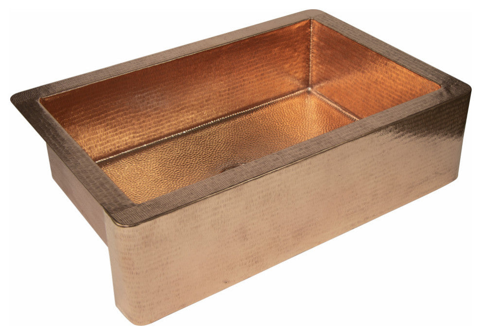 33" Farmhouse Single Bowl Straight Apron Hammered Copper Kitchen Sink, 16 Gauge