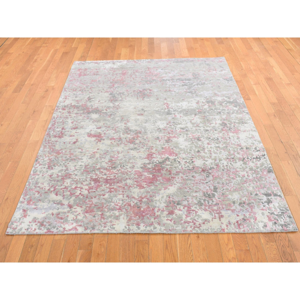 Pink Hi-Lo Pile Abstract Design Wool and Silk Hand Knotted Rug 5'10"x8'9"